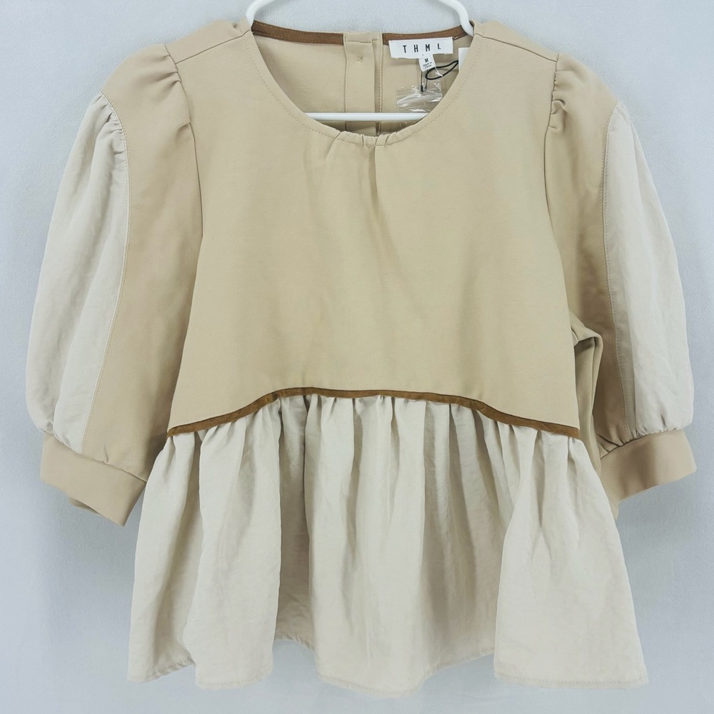 NWT THML Women’s Medium Cream Tan Peplum Puff Sleeve Round Neck Babydoll
